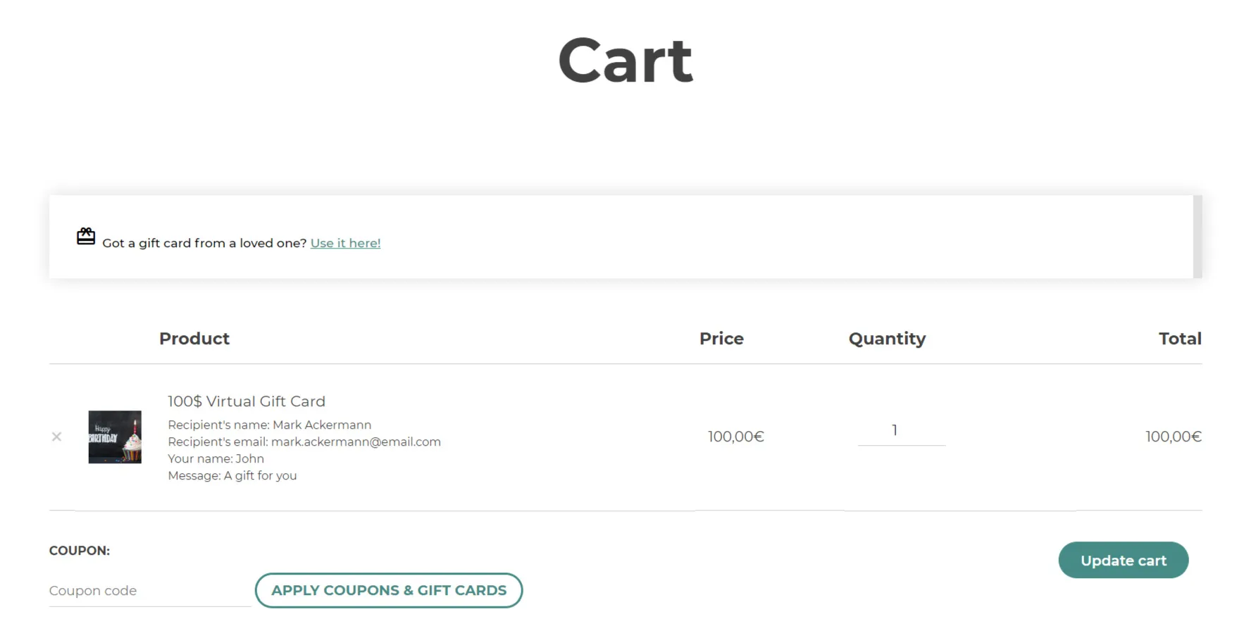 Gift card in cart - YITH WooCommerce Gift Cards Premium