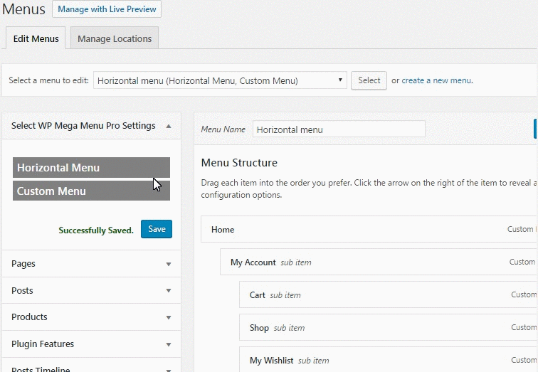 Enable Mega Menu Settings
