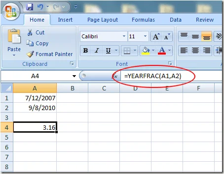 Kết quả của việc sử dụng hàm YEARFRAC trong Excel