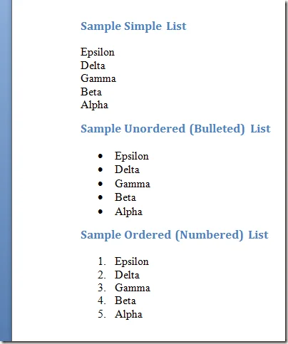 Ba loại danh sách trong Word