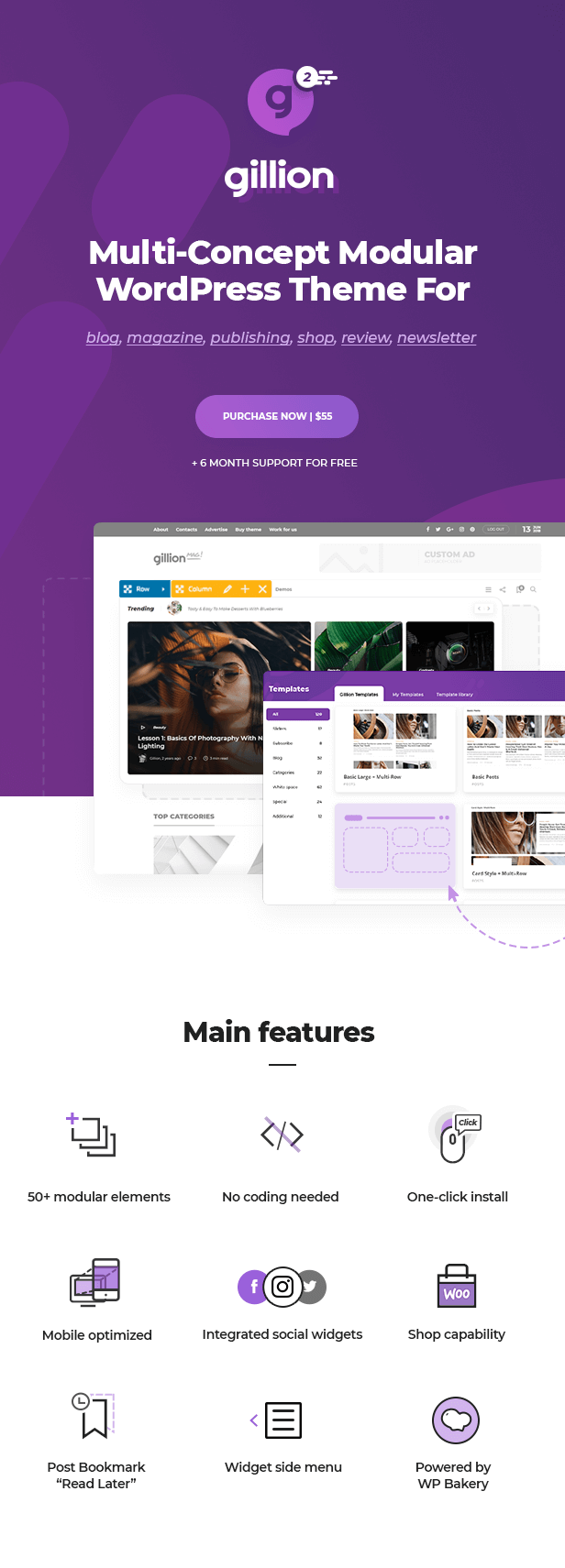 Tính năng nổi bật Gillion | Multi-Concept Blog/Magazine & Shop WordPress AMP Theme