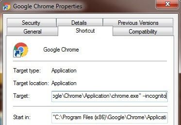 Tạo Google Chrome Chế độ ẩn danh Chế độ tắt 6 tham số mục tiêu chrome