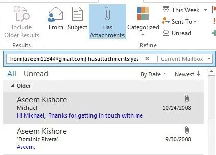 Tìm kiếm Email Outlook theo người gửi, ngày, từ khóa, kích thước và hơn thế nữa 11 triển vọng tìm kiếm bộ lọc