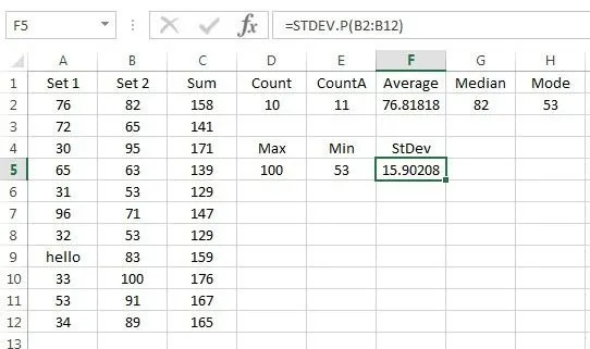Sử dụng các hàm tóm tắt để tóm tắt dữ liệu trong Excel 9 tối thiểu stdev