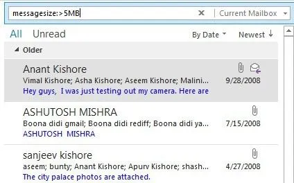 Tìm kiếm Email Outlook theo người gửi, ngày, từ khóa, kích thước và hơn thế nữa 21 kích thước tin nhắn