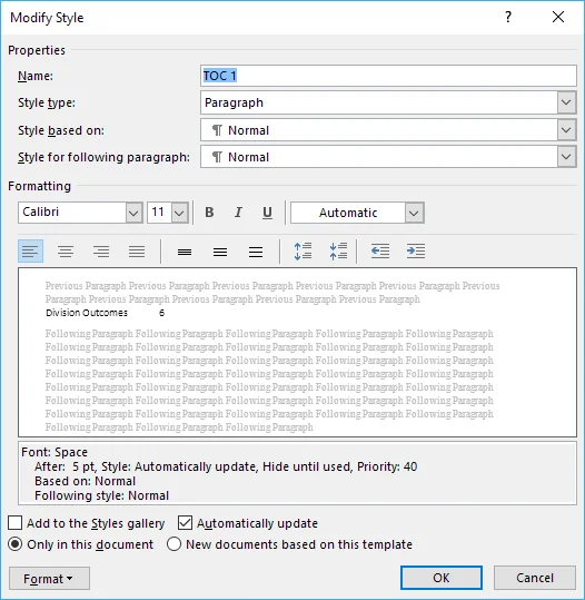 Nhanh chóng thêm mục lục vào tài liệu Word 12 sửa đổi phong cách toc