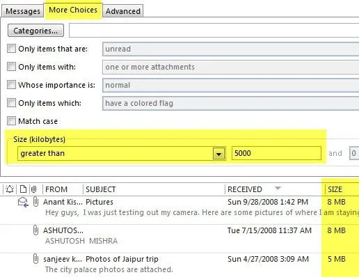 Tìm kiếm Email Outlook theo người gửi, ngày, từ khóa, kích thước và hơn thế nữa 20 tìm kiếm theo kích thước