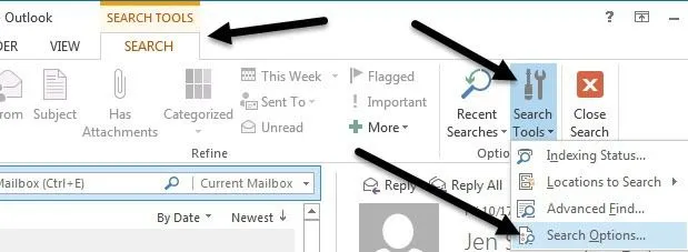 Tìm kiếm Email Outlook theo người gửi, ngày, từ khóa, kích thước và hơn thế nữa 2 tùy chọn công cụ tìm kiếm