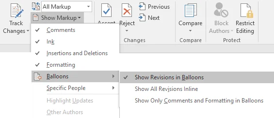 Cách sử dụng So sánh & Kết hợp tài liệu trong Word 9 hiển thị sửa đổi trong bóng bay
