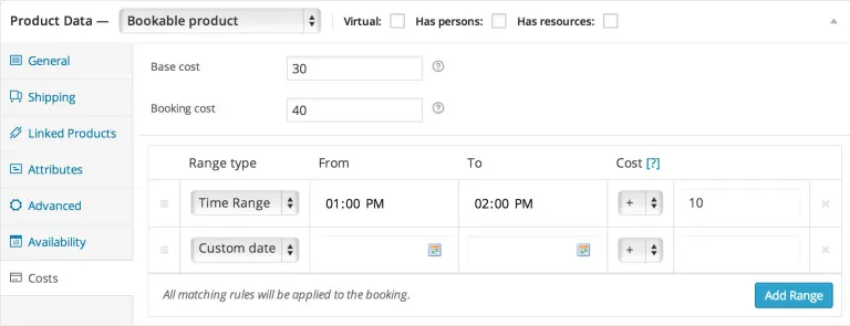 bookings costs - WooCommerce Bookings
