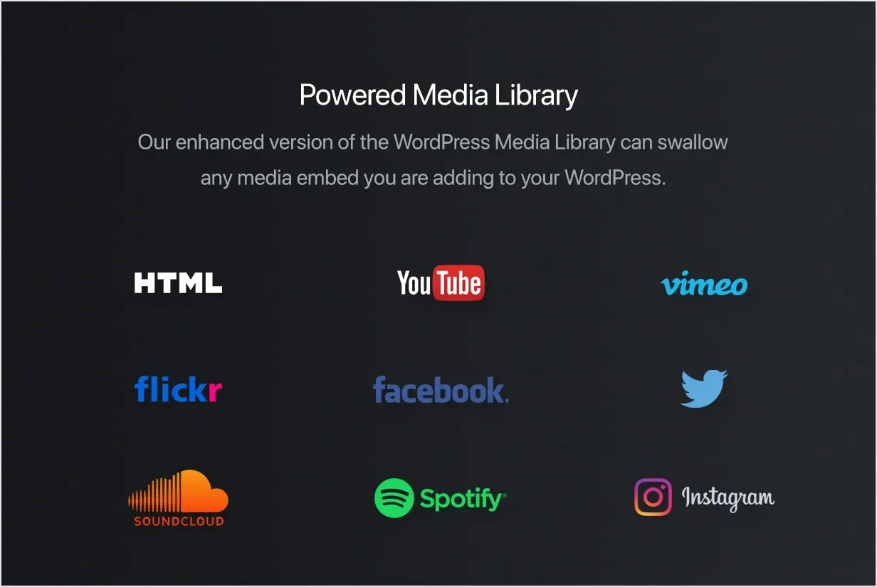 YouTube, Vimeo, Spotify, Twitter, Flickr, SoundCloud, Instagram