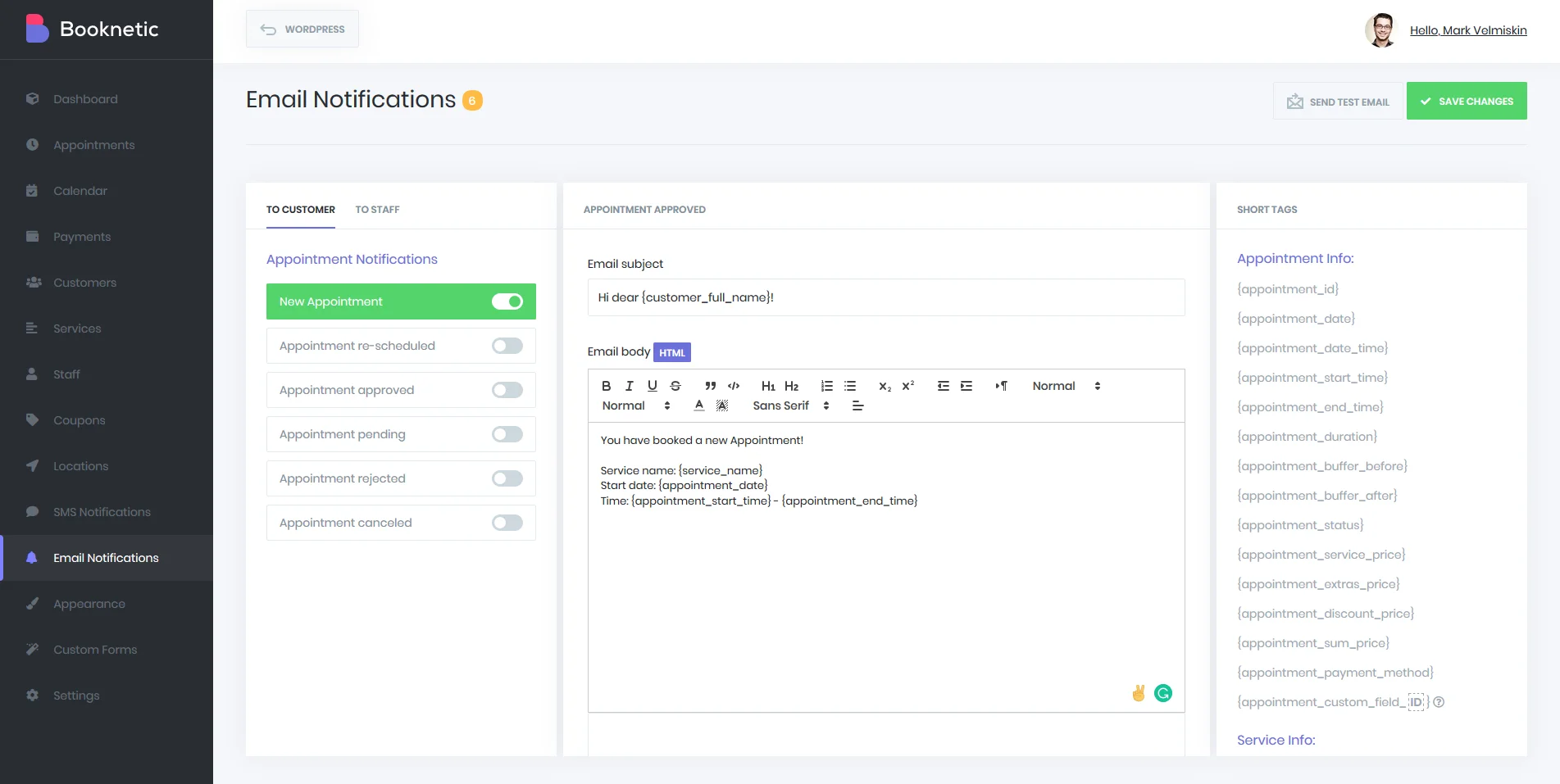 Booknetic - Thông báo qua SMS và Email