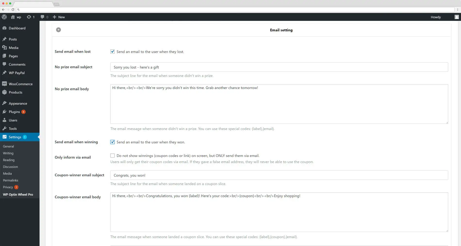 WP Optin Wheel với Mẫu email tùy chỉnh