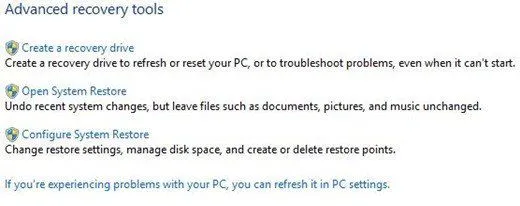 Làm mới, cài đặt lại hoặc khôi phục Windows 8 12 Mở Khôi phục Hệ thống