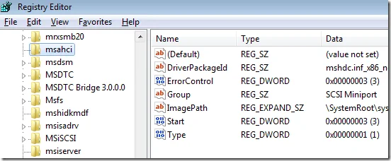 kích hoạt trình điều khiển msahci windows 7