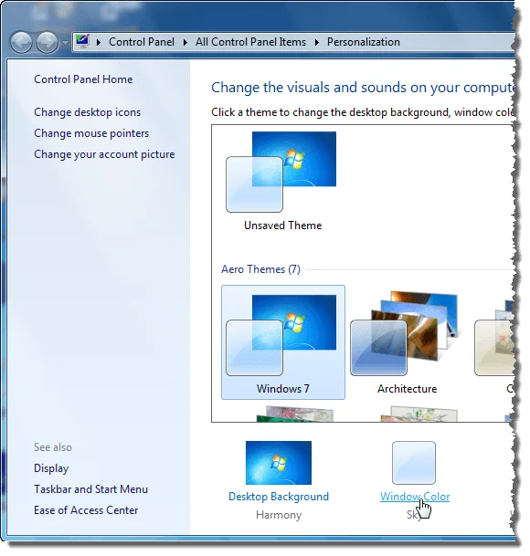 Nhấp vào Màu cửa sổ trên cửa sổ Cá nhân hóa trong Windows 7