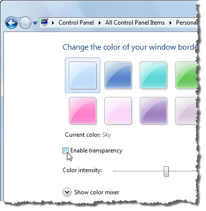 Tắt tính trong suốt trong Windows 7
