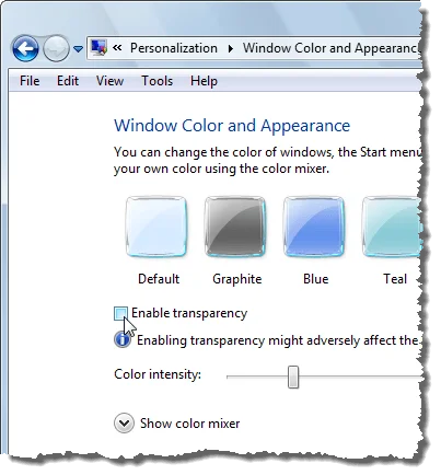 Tắt tính trong suốt trong Vista