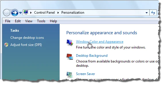 Nhấp vào Màu cửa sổ và Giao diện trong Vista