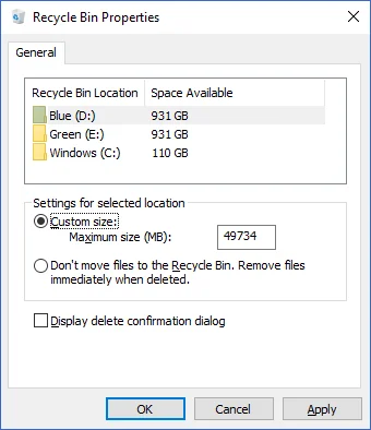 Thay đổi cài đặt thùng rác trong Windows 10 4 Thay đổi cài đặt thùng rác trong Windows 10
