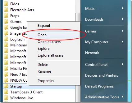 Nhấp vào Mở trên Thư mục Khởi động
