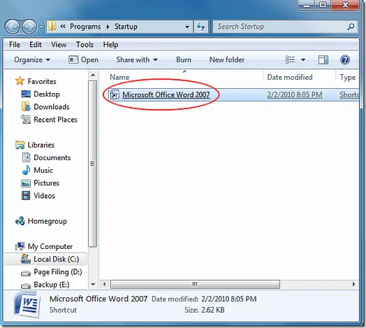 Thêm Word vào Thư mục Khởi động của Người dùng Hiện tại