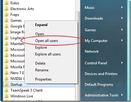 Bấm Mở Tất cả Người dùng trên Thư mục Khởi động