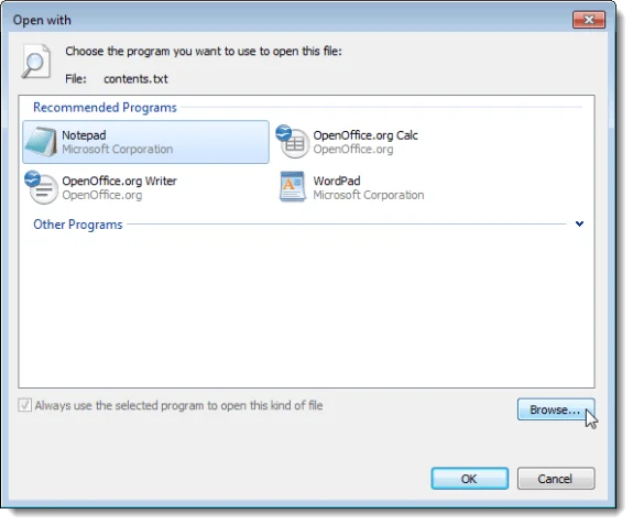 Loại bỏ liên kết loại tệp trong Windows 7 4 Chọn một chương trình mặc định cho =