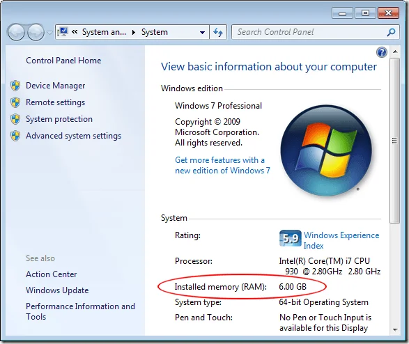 Tìm dung lượng bộ nhớ đã cài đặt trong Windows 7 64 bit