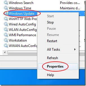Thuộc tính dịch vụ Windows Update