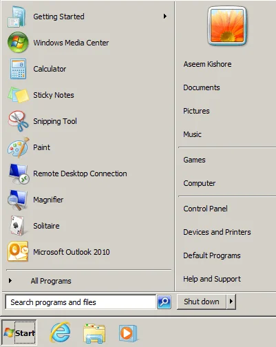 menu bắt đầu xp