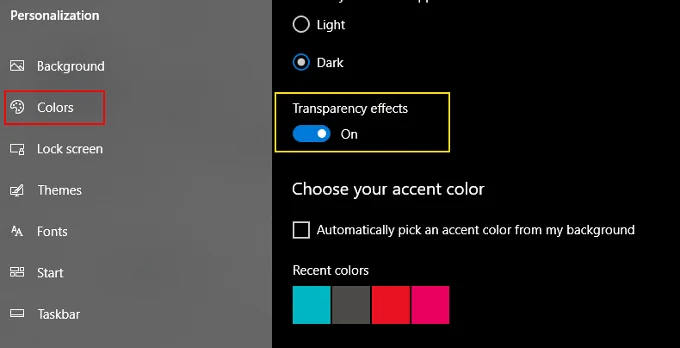 Cách bật hoặc tắt hiệu ứng minh bạch trong Windows 10 10 Cách bật hoặc tắt hiệu ứng minh bạch trong Windows 10