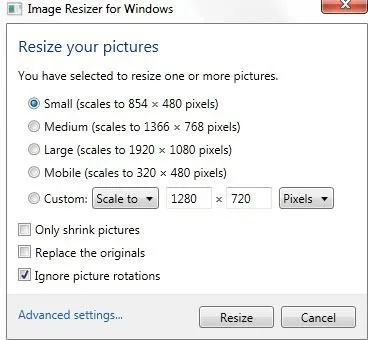 thay đổi kích thước tùy chọn