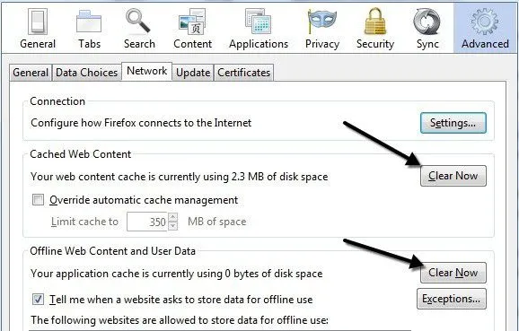 xóa bộ nhớ cache firefox