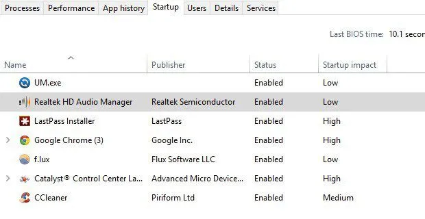 thời gian khởi động windows 10