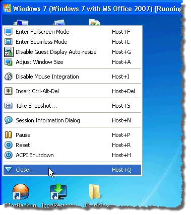 Tùy chọn menu VirtualBox