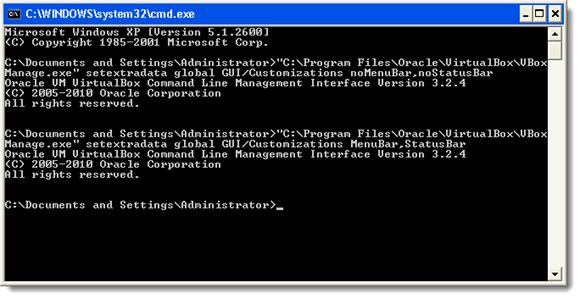 Lệnh bật thanh menu và thanh trạng thái trong VirtualBox