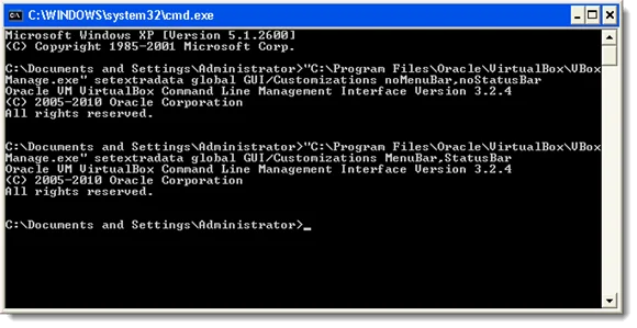 Lệnh bật thanh menu và thanh trạng thái trong VirtualBox