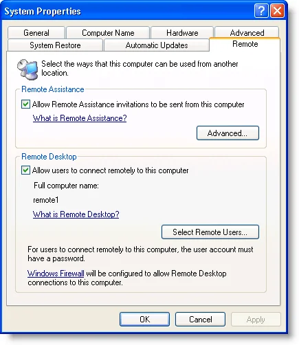 Truy cập từ xa máy tính Windows XP hoặc Windows Server 2003 2 Hộp thoại Thuộc tính Hệ thống