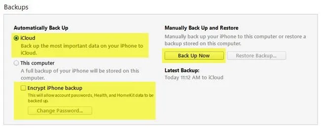 tùy chọn sao lưu itunes