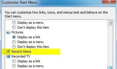 menu bắt đầu các mục gần đây