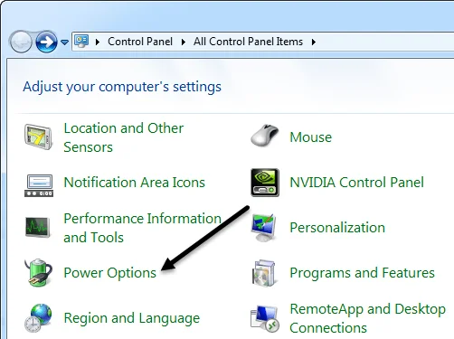 bảng điều khiển tùy chọn công suất