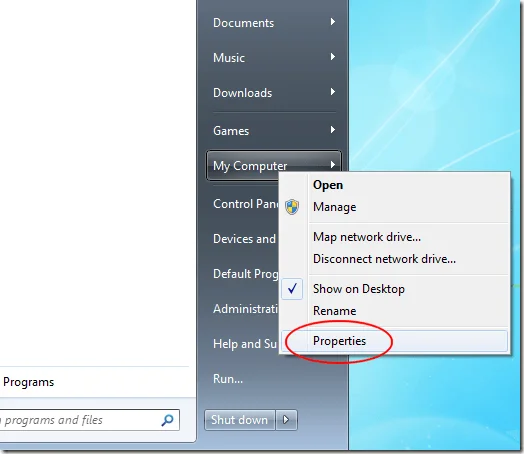 Nhấp vào Thuộc tính máy tính của tôi