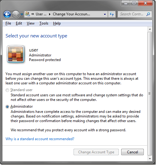 Windows 7 Chọn loại tài khoản