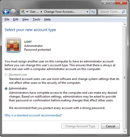 Windows 7 Chọn loại tài khoản