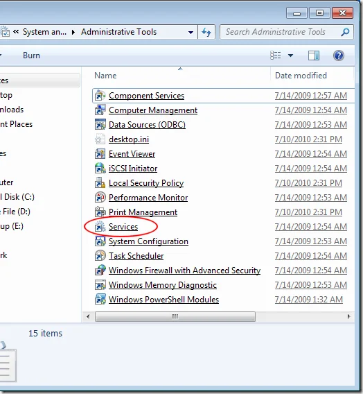 Mở Dịch vụ Windows 7