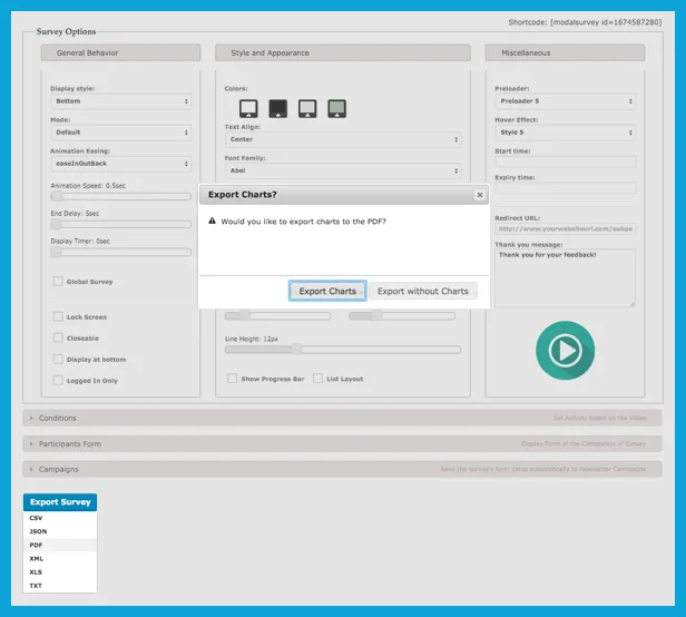 Export your Questionnaire to PDF, JSON, CSV, XML, XLS from the plugin