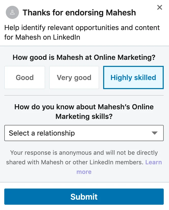 Chọn kỹ năng mà bạn muốn xác nhận người dùng