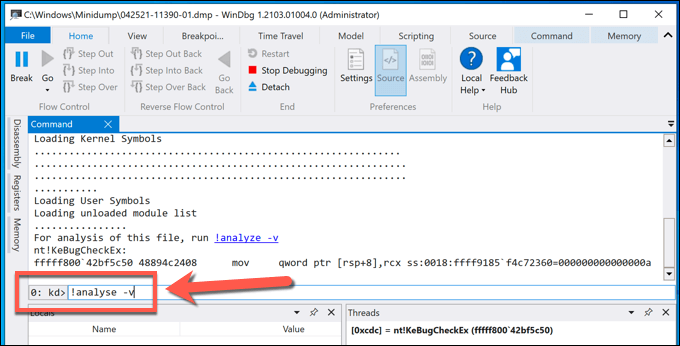 11-Run-Analyze-Command - Bộ phận trợ giúp Geek Cách phân tích tệp kết xuất bộ nhớ (.dmp) trong Windows 10 hình 11