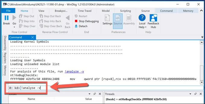 11-Run-Analyze-Command - Bộ phận trợ giúp Geek Cách phân tích tệp kết xuất bộ nhớ (.dmp) trong Windows 10 hình 11